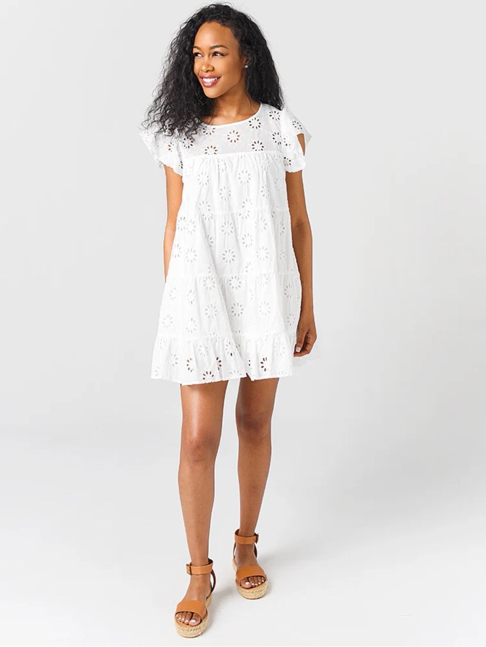 Entro White Eyelet Lace Tiered Babydoll Dress Ruffle Flutter‎ Sleeve Mini M